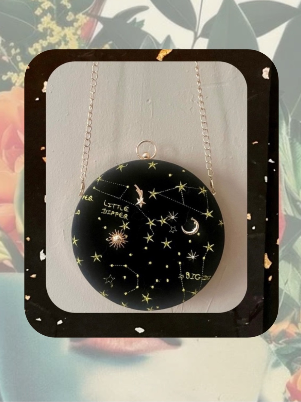 Round Black Velvet Cross Body with Embroidered Yellow Celestial Constellations
